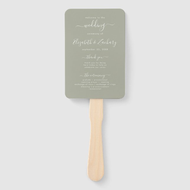 Leque Programa de Casamento em Script Moderno Verde Sage (Frente)