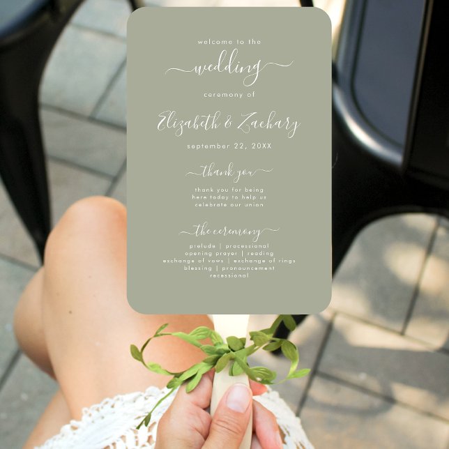Leque Programa de Casamento em Script Moderno Verde Sage (Criador carregado)