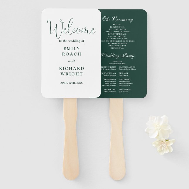 Leque Programa de Casamento em Verde Esmeralda com Letra (Frente e Verso)
