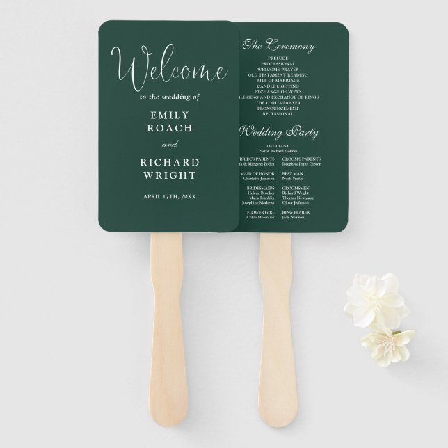 Leque Programa de Casamento em Verde Esmeralda com Letra (Frente e Verso)