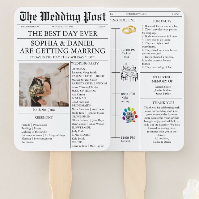 Leque Programa de Casamento Estilo Jornal com Linha do T (Criador carregado)