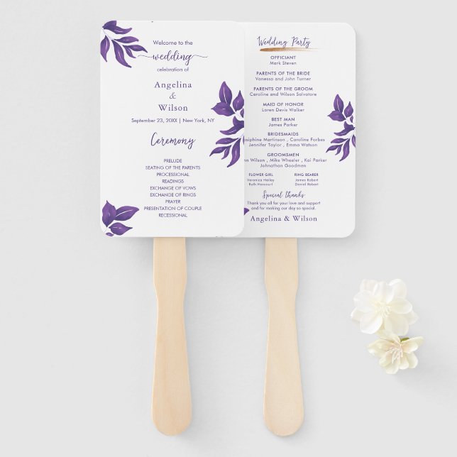 Leque Programa de Casamento Eucalyptus Elegante Roxo Sim (Frente e Verso)