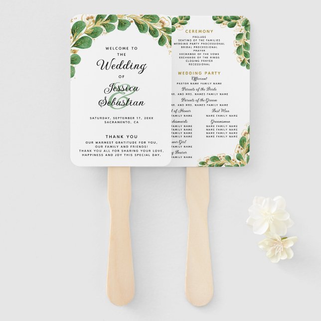 Leque Programa de Casamento Eucalyptus Elegante White Em (Frente e Verso)