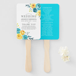 Leque Programa de Casamento Floral Amarelo e Turquesa