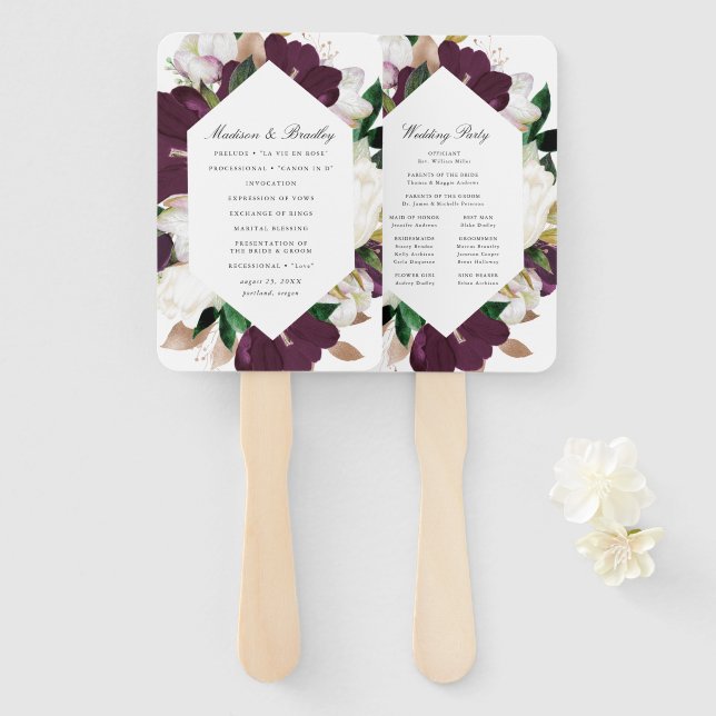 Leque Programa de Casamento Floral Ameixa Escura | Perso (Frente e Verso)