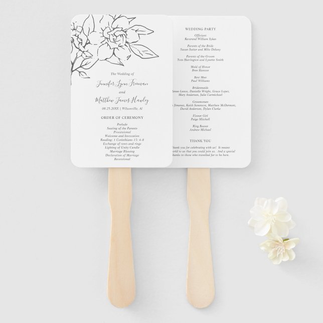 Leque Programa de Casamento Floral Artístico Linha Neutr (Frente e Verso)