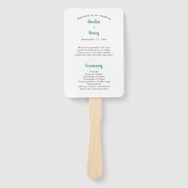 Leque Programa de Casamento Floral Azul e Rosa Moderno (Frente)