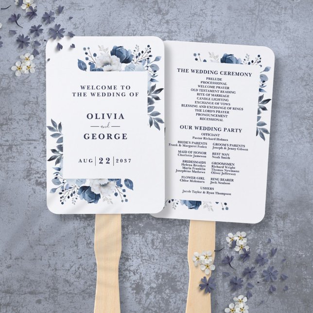 Leque Programa de Casamento Floral Azul Marinho Elegante (Navy Blue Elegant Floral Wedding Program Hand Fan)