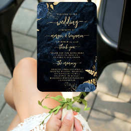 Leque Programa de Casamento Floral Azul Marinho Elegante