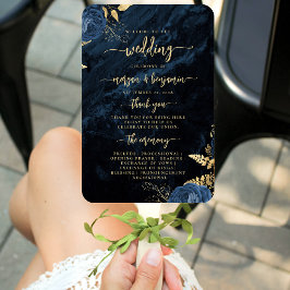 Leque Programa de Casamento Floral Azul Marinho Elegante