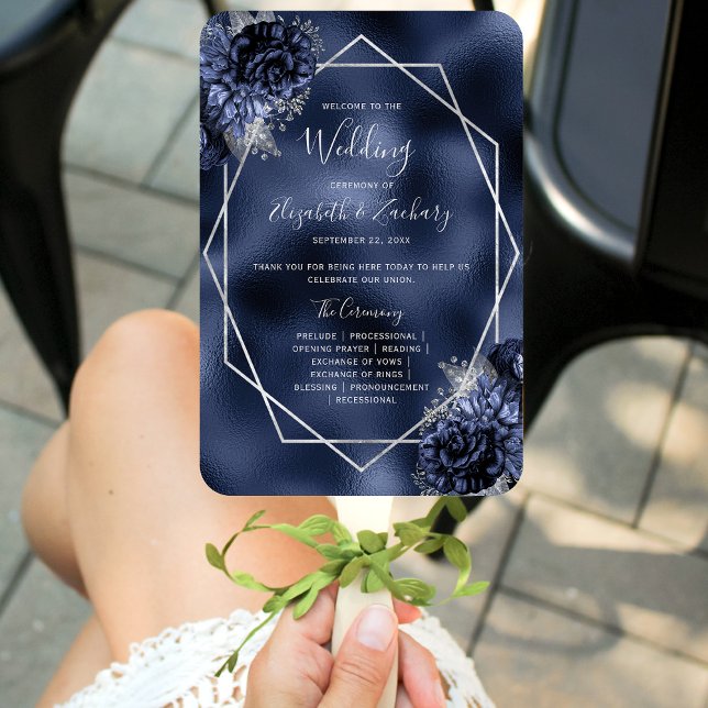 Leque Programa de Casamento Floral Azul Naval com Folha  (Criador carregado)