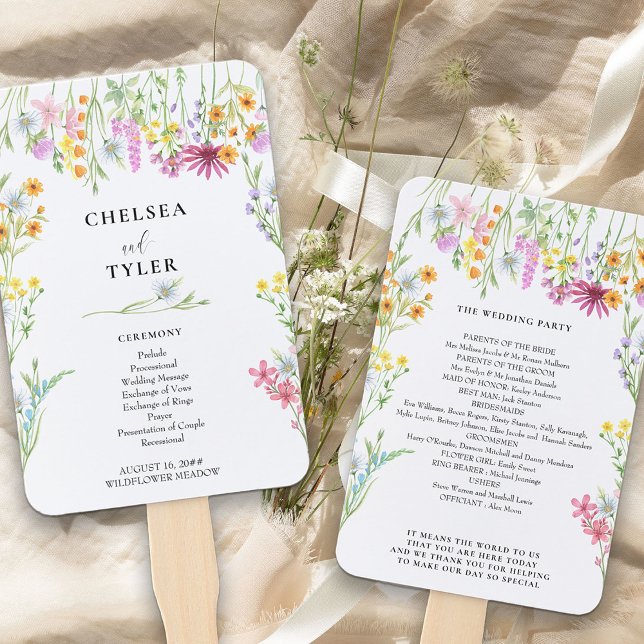 Leque Programa de Casamento Floral Bonito de Prados de F (Adorned with pretty meadow wildflowers and ready for you to add any text you want)