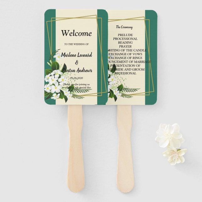 Leque Programa de casamento floral branco elegante geomé (Frente e Verso)