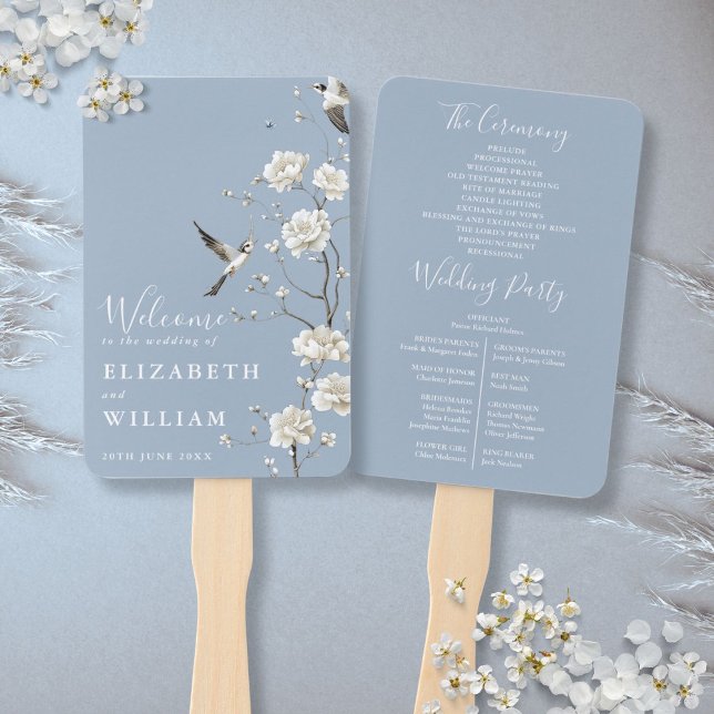 Leque Programa de Casamento Floral Chinoiserie Azul Empo (Dusty Blue Chinoiserie Floral Wedding Program Hand Fan)