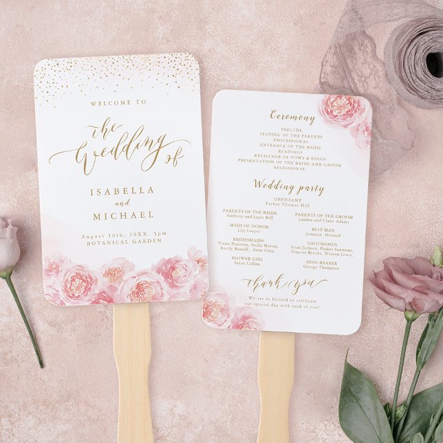 Leque Programa de casamento floral com dourado e blush (Elegant script gold & blush floral wedding program hand fan)