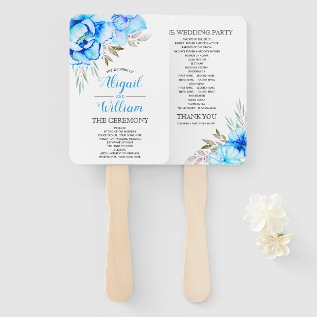 Leque Programa de casamento floral com flores aquáticas  (Frente e Verso)