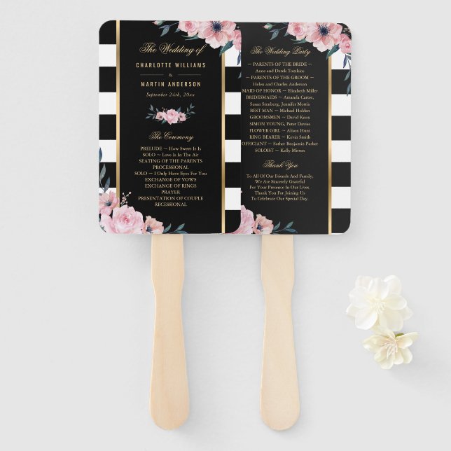 Leque Programa de Casamento Floral Cor-de-Rosa com Strip (Frente e Verso)