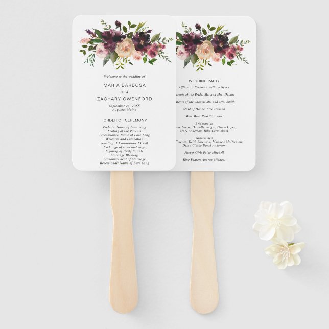 Leque Programa de Casamento Floral da Borgonha Roxo Eleg (Frente e Verso)