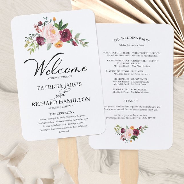 Leque Programa de Casamento Floral de Aquarelas Blush Bu (Criador carregado)