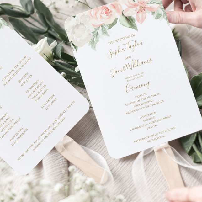 Leque Programa de Casamento Floral de Boho, Rosa e Doura (Criador carregado)