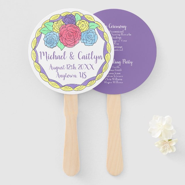 Leque Programa de Casamento Floral de Bolo de Rosas Glac (Frente e Verso)