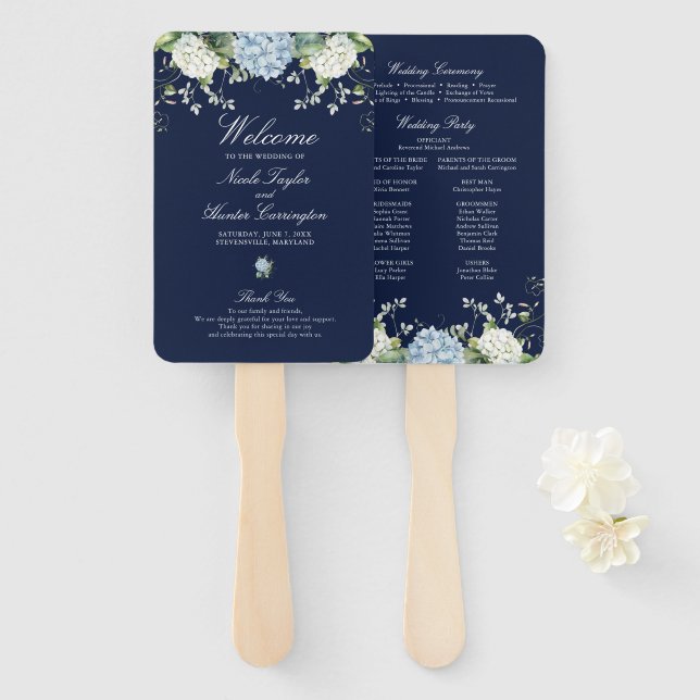 Leque Programa de Casamento Floral de Hortênsia Azul Mar (Frente e Verso)