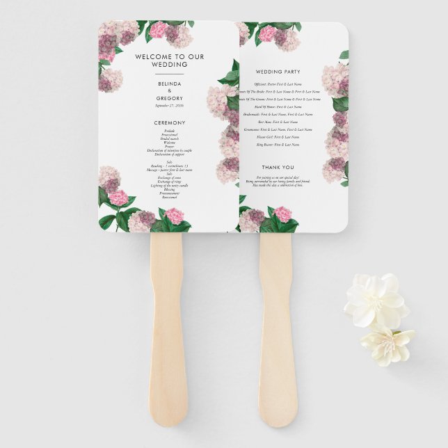 Leque Programa de Casamento Floral de Hortênsia Rosa com (Frente e Verso)