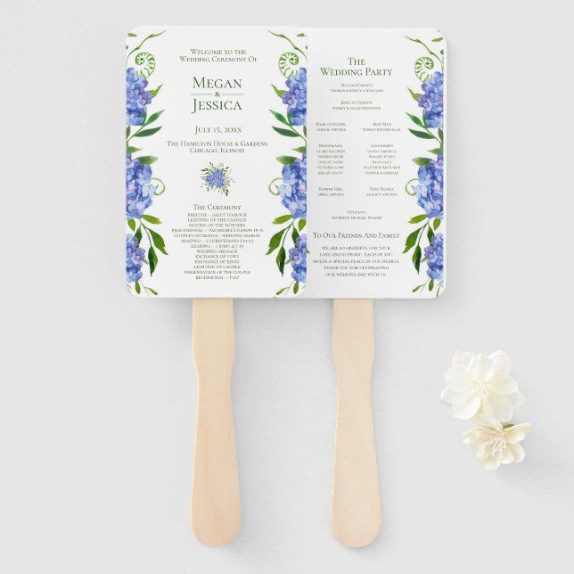 Leque Programa de Casamento Floral de Hortênsias Azuis L (Frente e Verso)