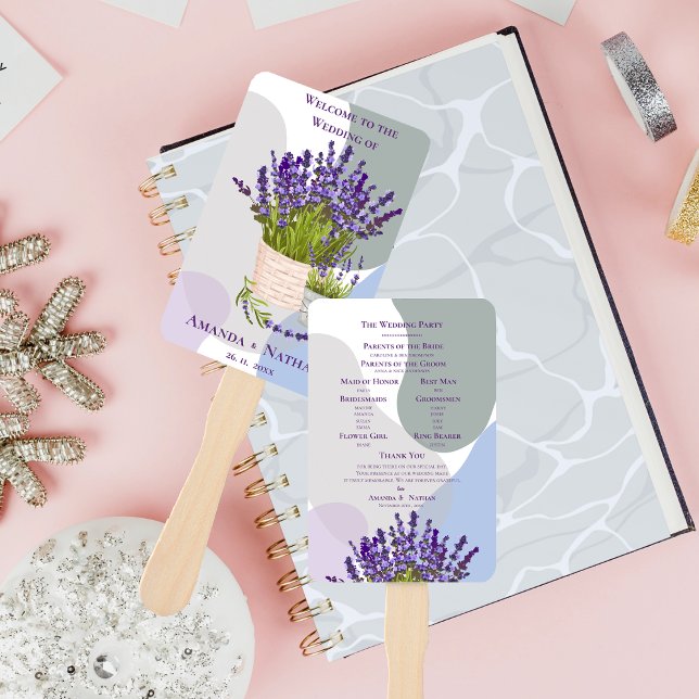 Leque Programa de Casamento Floral de Lavandas Roxas Ele (Elegant Purple Lavender Floral Wedding Program Hand Fan)
