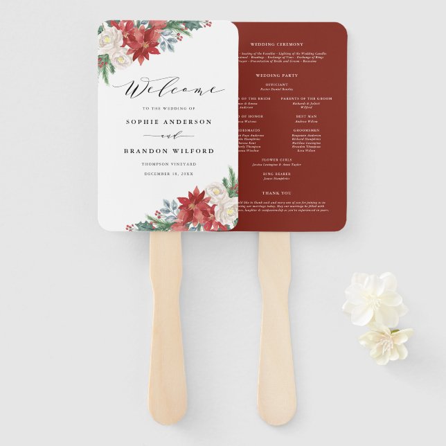 Leque Programa de Casamento Floral de Natal em Aquarela  (Frente e Verso)
