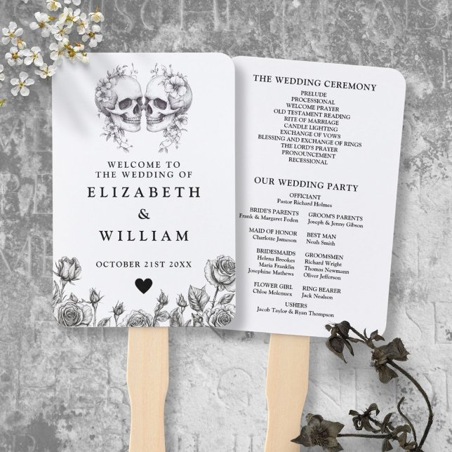 Leque Programa de Casamento Floral de Skulls (Gothic Skulls Floral Wedding Program Hand Fan)