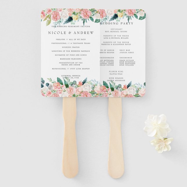 Leque Programa de Casamento Floral de Verão Corado à Mão (Frente e Verso)