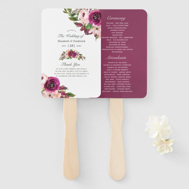 Leque Programa de Casamento Floral de Watercolor Marsala (Frente e Verso)