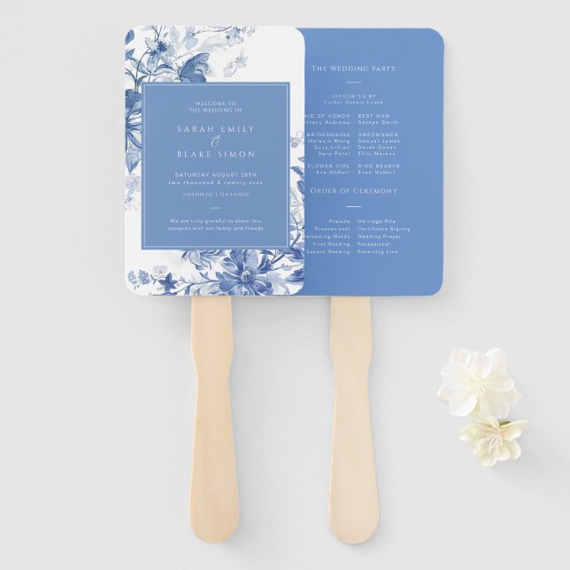 Leque Programa de Casamento Floral do Toile Azul Francês (Frente e Verso)