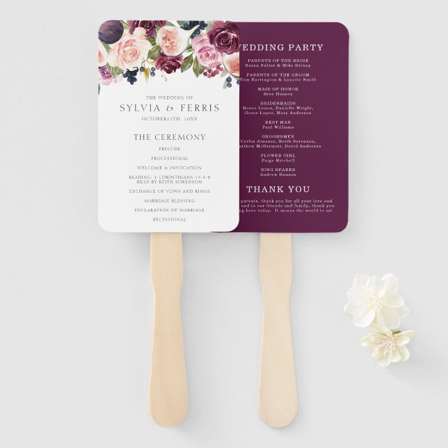 Leque Programa de Casamento Floral e Fig Moody Plum (Frente e Verso)