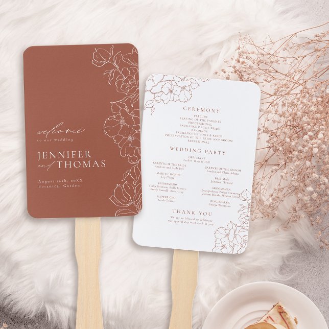 Leque Programa de casamento floral Elegante (Elegant floral terracotta wedding program hand fan)