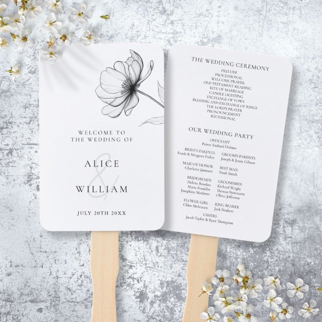Leque Programa de Casamento Floral Elegante Minimalista (Minimalist Elegant Floral Wedding Program Hand Fan)