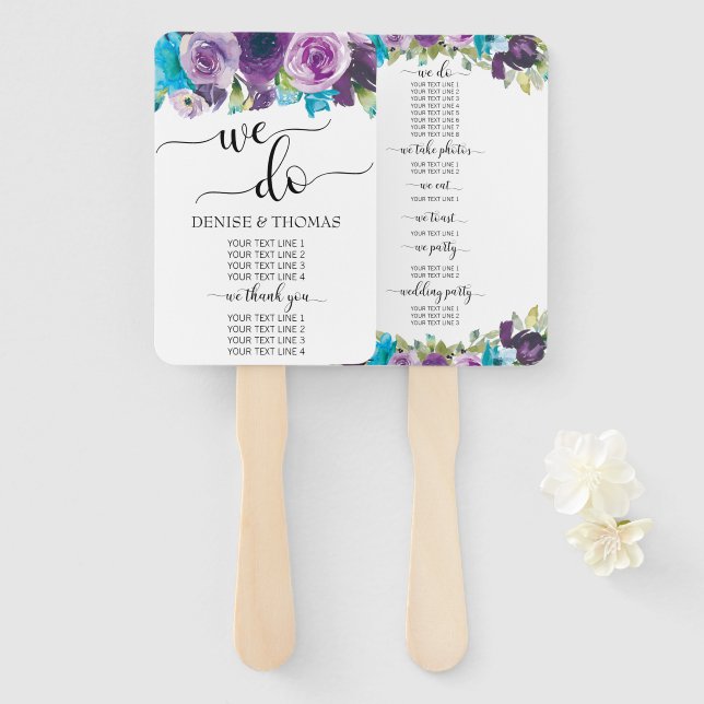 Leque Programa de Casamento Floral em Aquarela Azul Roxo (Frente e Verso)