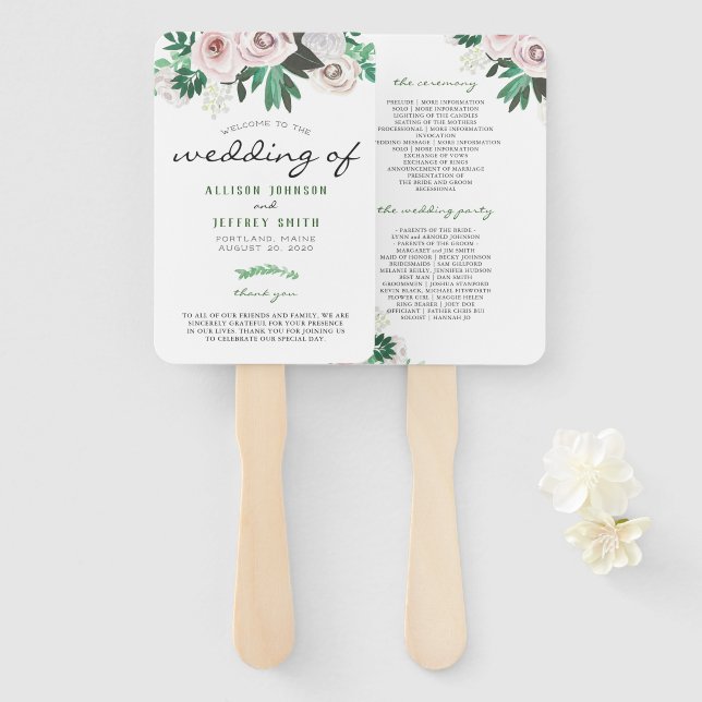 Leque Programa de Casamento Floral em Aquarela Branco Ve (Frente e Verso)