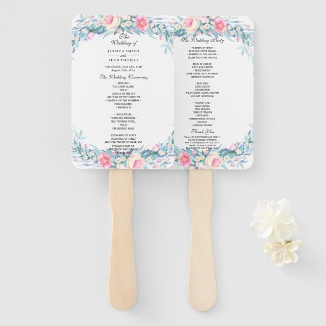 Leque Programa de Casamento Floral em Aquarela Elegante (Frente e Verso)