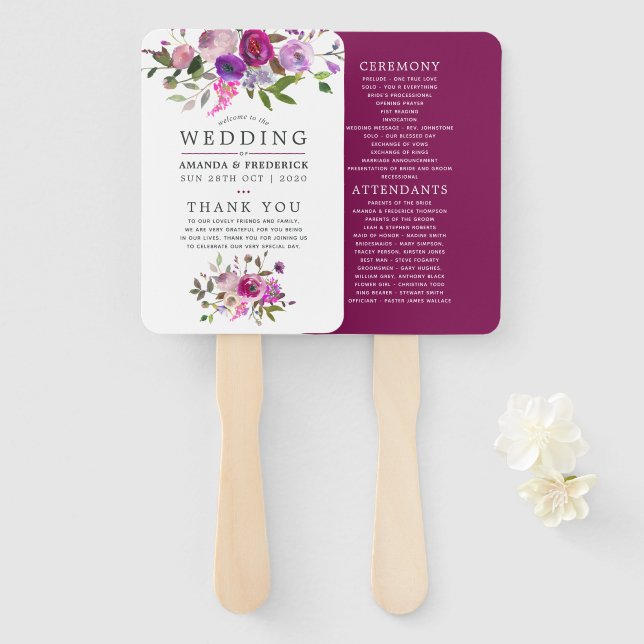 Leque Programa de Casamento Floral em Aquarela na Moda (Frente e Verso)