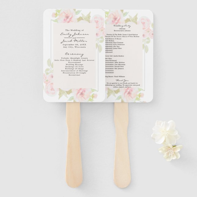 Leque Programa de Casamento Floral em Aquarela Rosa Pink (Frente e Verso)