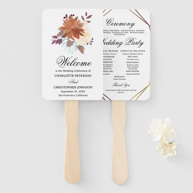 Leque Programa de Casamento Floral em Aquarela Rústica B (Frente e Verso)