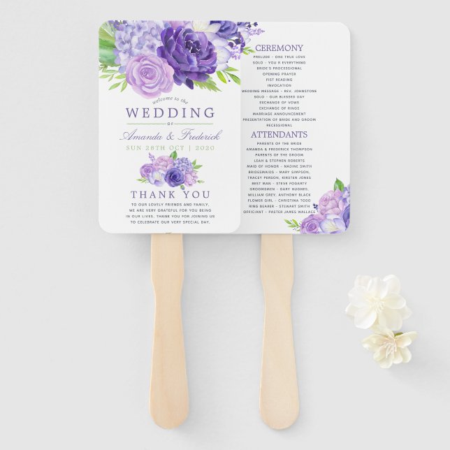 Leque Programa de Casamento Floral em Aquarela Violeta U (Frente e Verso)