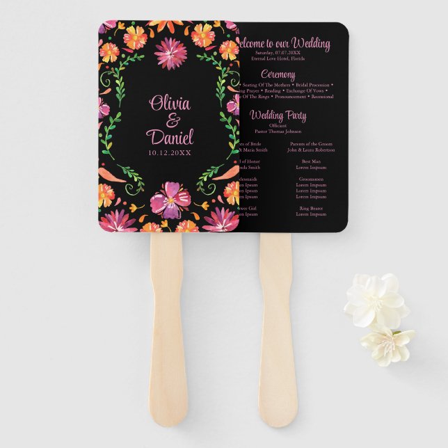 Leque Programa de Casamento Floral Fiesta Preto Mexicano (Frente e Verso)