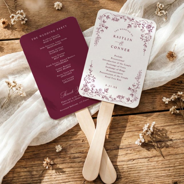 Leque Programa de Casamento Floral Francês Vermelho Vinh (Berry wine wedding program fan with vintage French chinoiserie floral frame)