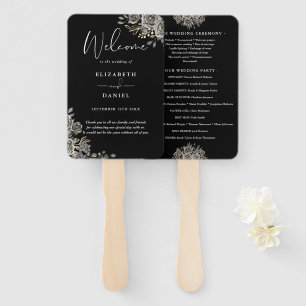 Leque Programa de Casamento Floral Gótico Preto e Branco