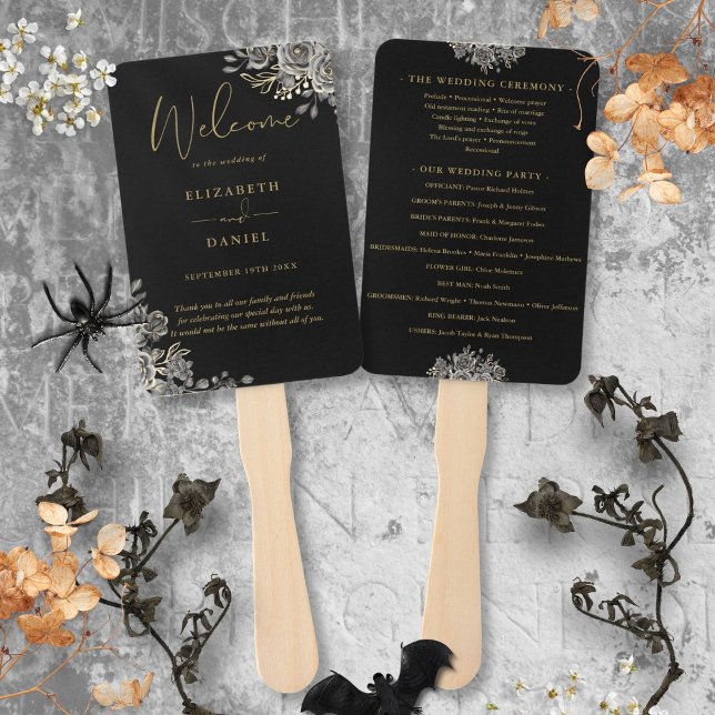 Leque Programa de Casamento Floral Gótico Preto E Dourad (Black And Gold Gothic Floral Wedding Program Hand Fan)