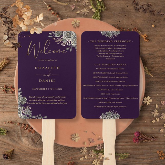Leque Programa De Casamento Floral Gótico Roxo E Dourado (Purple And Gold Gothic Floral Wedding Program Hand Fan)