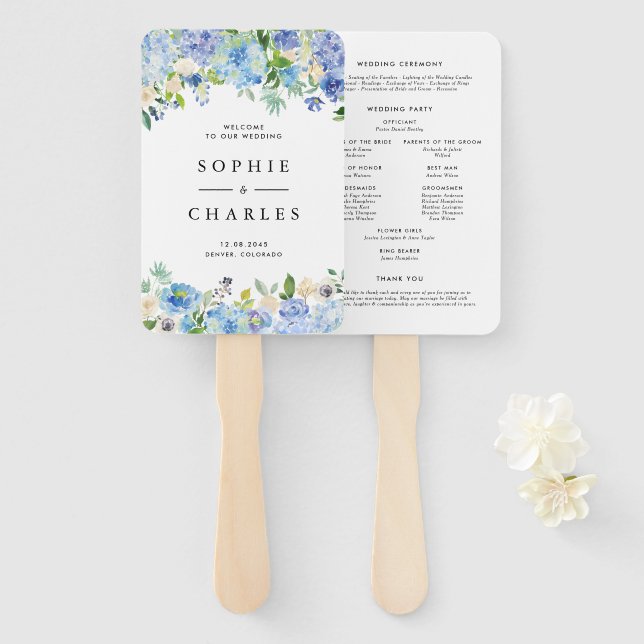 Leque Programa de Casamento Floral Hortênsia Aquarela Az (Frente e Verso)